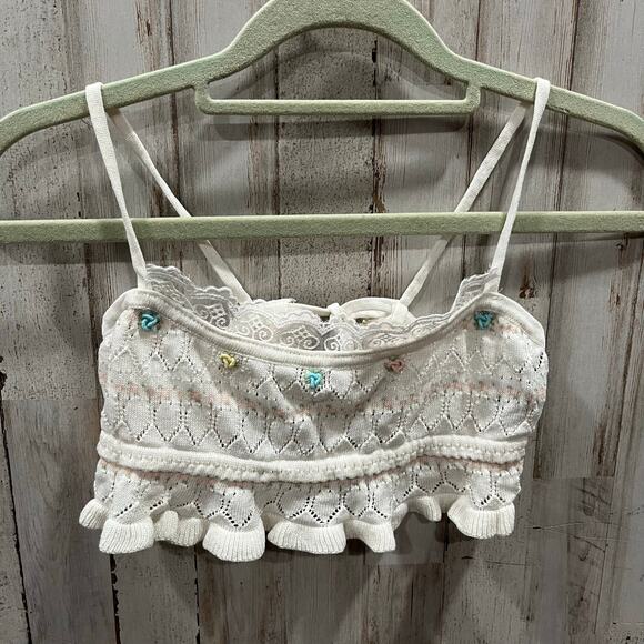 Cider Knit Ruffle Cute Cami Crop Top Rosettes Tie Back Festival Womens Small - Picture 1 of 5